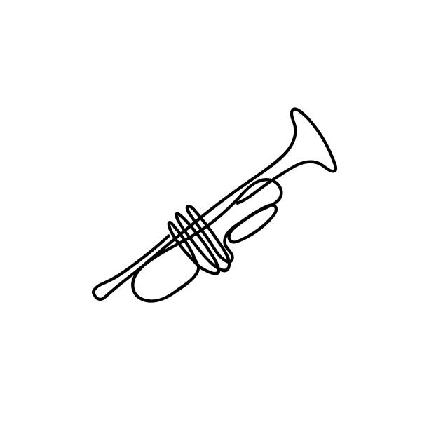 한 줄 트럼펫 디자인 - 손으로 그린 미니�멀리즘 스타일 벡터 일러스트. - jazz trumpet stock illustrations