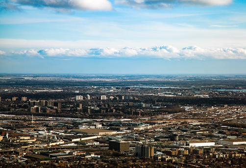Urban industrial and residential areas west of downtown Montreal, Quebec seen from high above.