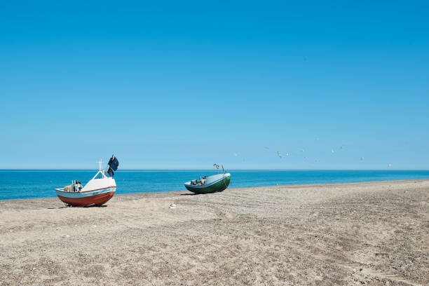 istock Fishing boats on sandy beach 1293181558