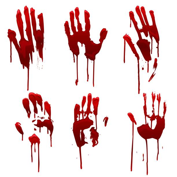 Bleeding hand trace, bloody hand prints set. Horror and dirty red palm for halloween decoration. Scary element Bleeding hand trace, bloody hand prints set. Horror and dirty red palm for halloween decoration. Scary elements with stain, splatter and streams isolated on white. Murder or crime vector illustration blood stain stock illustrations