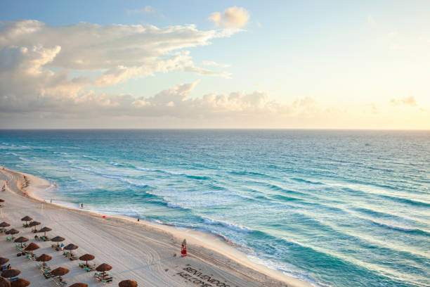 vista de alto ângulo da praia em cancun, méxico ao amanhecer - cancun - fotografias e filmes do acervo