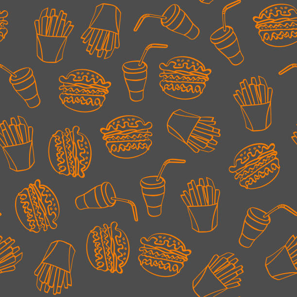 fast-food-doodle nahtloses muster - menu fast food restaurant food beef stock-grafiken, -clipart, -cartoons und -symbole