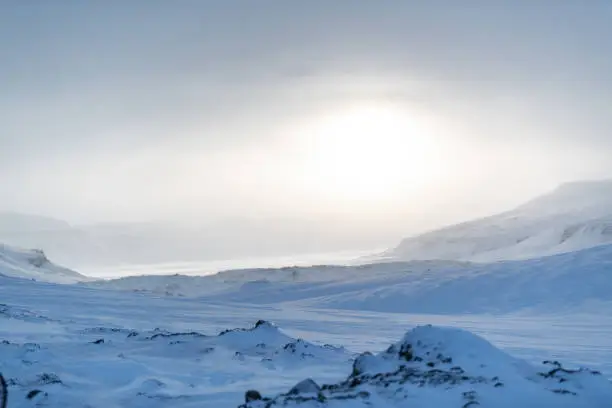 Sunset over Spitsbergen archipelago in Arctic