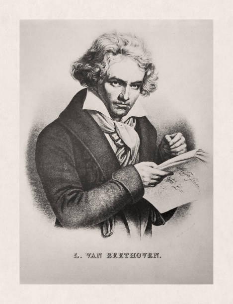 Illustration of Ludwig van Beethoven Old illustration by Crémille of "Ludwig van Beethoven" based on a portrait by Joseph Karl Stieler created in 1820. ludwig van beethoven stock illustrations