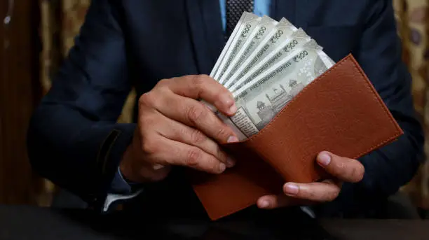 Young Indian business person showing cash with holding wallet in another hand.