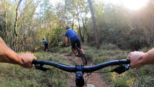 istock Mountain bikers ride along forested path in the morning 1293191282
