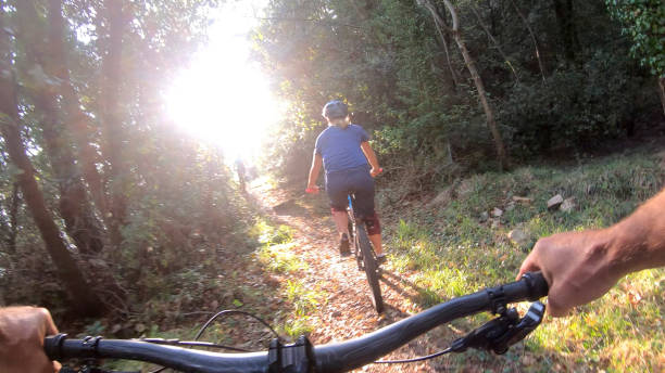 istock Mountain bikers ride along forested path in the morning 1293191286