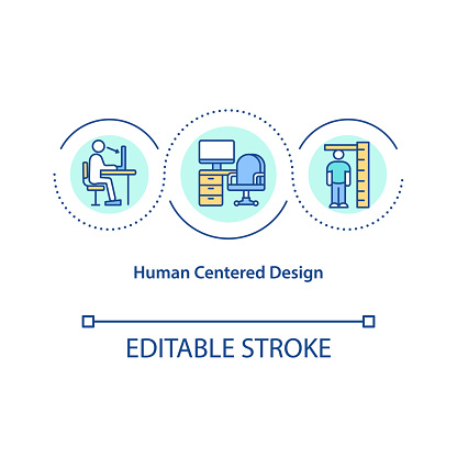 Human centered design concept icon. Creating best convinient place for people to work. Health care idea thin line illustration. Vector isolated outline RGB color drawing. Editable stroke