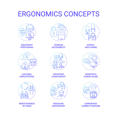 Ergonomics concept icons set. Safe and healthful workplace idea thin line RGB color illustrations. Monitor and screen glare. Supporting correct posture. Vector isolated outline drawings