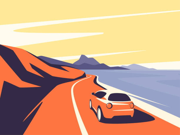 vektor-illustration eines roten autos, das sich entlang der hochstraße bewegt - scenics highway road backgrounds stock-grafiken, -clipart, -cartoons und -symbole