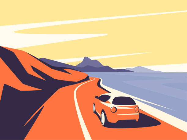 바다 산악 도로를 따라 움직이는 빨간 자동차의 벡터 그림 - road street hill landscape stock illustrations