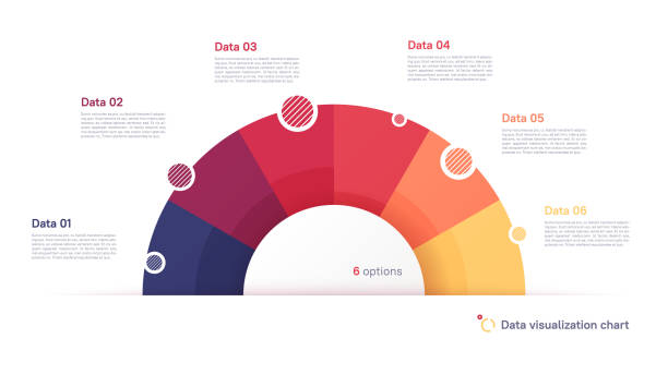 Vector pie chart infographic template in the form of semicircle divided by six parts Vector pie chart infographic template in the form of semicircle divided by six parts. number 6 stock illustrations