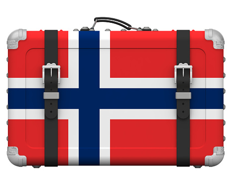 Retro suitcase with the national Flag of the Kingdom of Norway stands on a white surface. 3D illustration