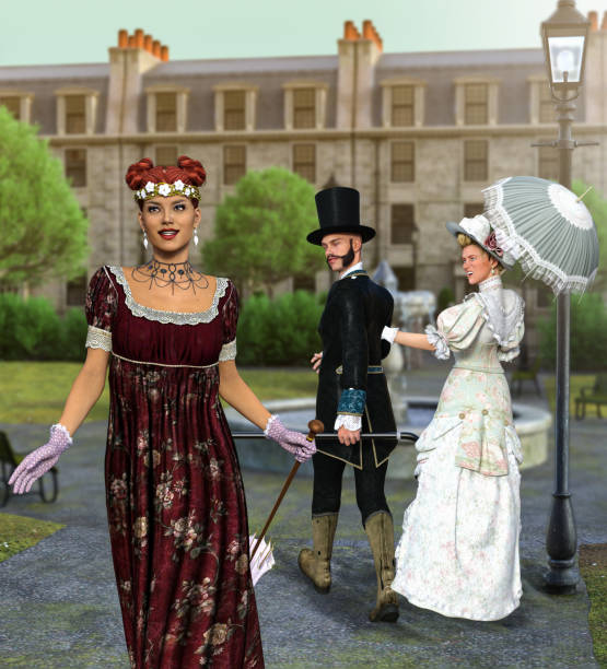 Victorian disloyal man with girlfriend looking at other woman Victorian disloyal man with girlfriend looking at other woman and his angry girlfriend looking at him, 3d render. regency style stock pictures, royalty-free photos & images