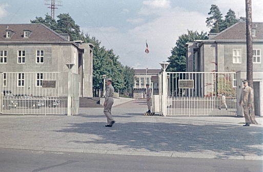 Berlin (West), Germany, 1966. Entrance to the US headquarters of the US Berlin Brigade in Berlin-Dahlem during the Cold War (. Also: guards and military personnel.