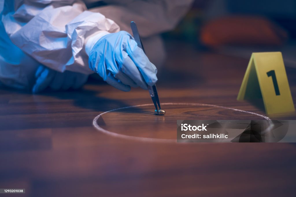 Forensic scientist working at the crime scene. A 9mm bullet collecting with tweezers on the floor. Forensic Science Stock Photo