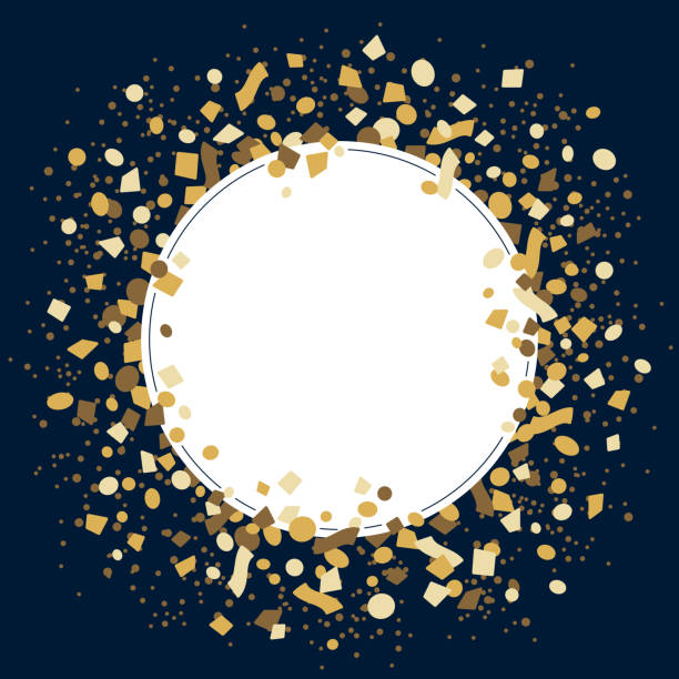Gold confetti celebration, blank round frame vector art illustration