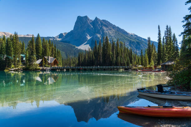 여름 화창한 날에 에메랄드 호수에서 카누. 요호 국립공원, 캐나다 로키 산맥. - british columbia canada lake emerald lake 뉴스 사진 이미지