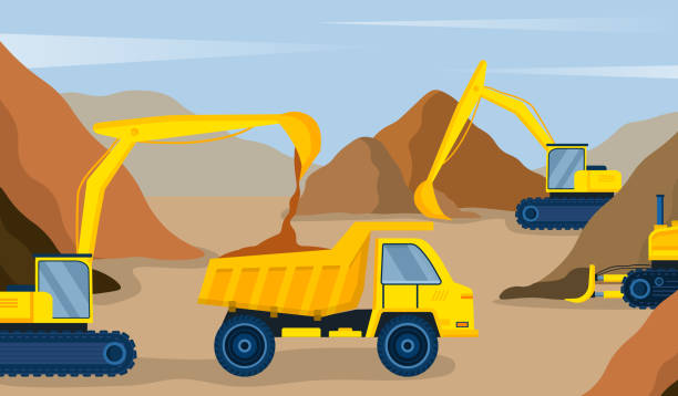 ilustrações, clipart, desenhos animados e ícones de escavadeira amarela despeja areia no caminhão de lixo em canteiro de obras - earth mover bulldozer construction scoop