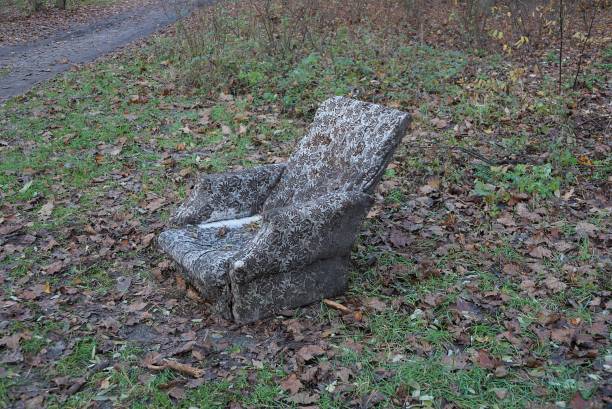 one old discarded  gray discarded chair stands in green grass and brown fallen leaves in an autumn park