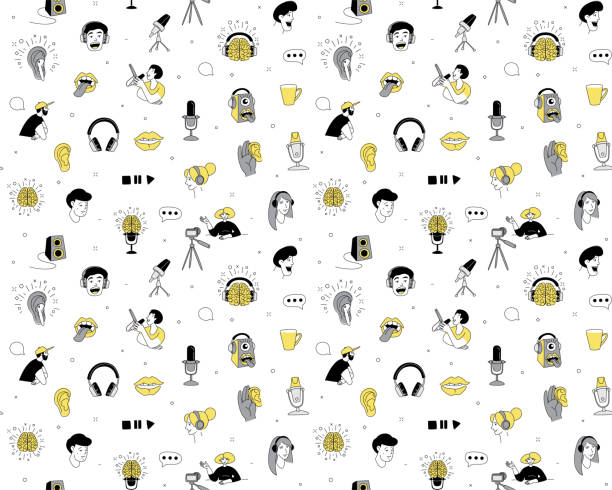 Radio host flat vector illustration seamless pattern. Media doodle drawing. Radio host flat vector illustration seamless pattern. Media hosting doodle drawing. Podcaster speaking to mic microphone, broadcaster at workspace isolated cartoon character. Thin line flat style radio designs stock illustrations