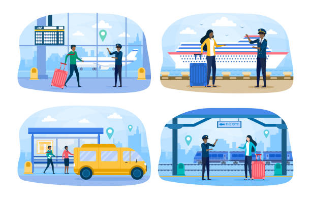 ilustrações, clipart, desenhos animados e ícones de conjunto de trabalhadores do transporte urbano ajudando turistas a chegar ao seu transpor - ferry terminal