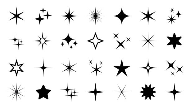 set ikon bintang berkilau - ilustrasi saham vektor. berbagai bentuk bintang, rasi bintang, galaksi - bintang ilustrasi stok