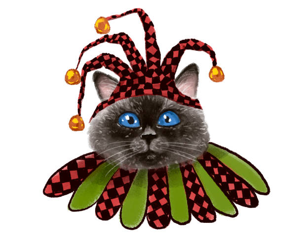 istock illustration of a funny cat-jester with a clown hat on his head and a large colored collar. Circus cat 1293210352