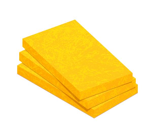 istock Mineral wool flat vector icon. Stack of fiberglass insulation material isolated on white background. Vector illustration rock wool insulator for heat cold protection. 3D cartoon glass wool boards icon 1293212159