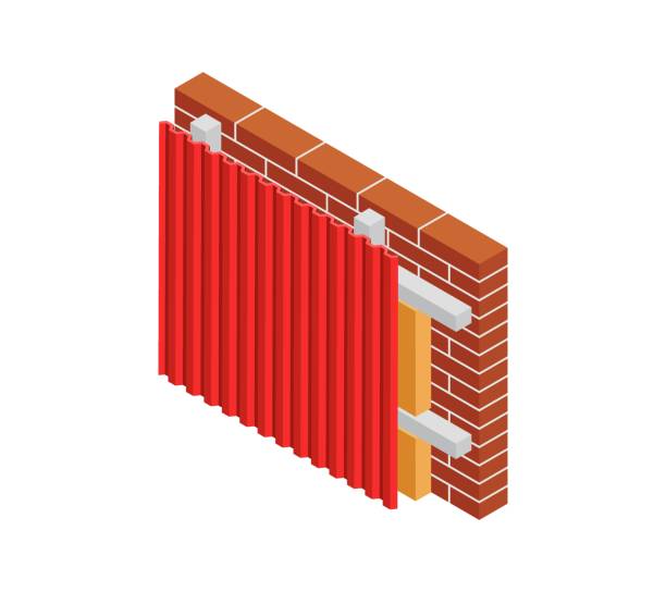 ilustrações, clipart, desenhos animados e ícones de ilustração vetorial dirigindo parede de tijolos de isolamento. alvenaria vermelha isométrica isolada em fundo branco. parede de revestimento de tijolo e metal do ícone da casa. proteção térmica. material para reparo em casa. 3d - corrugated iron metal red background red