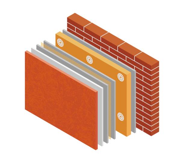 ilustrações de stock, clip art, desenhos animados e ícones de vector illustration driving insulation brick wall. 3d isometric red brickwork isolated on white background. thermal external insulation brick wall and finishing system icon for web. thermal protection - wall layers