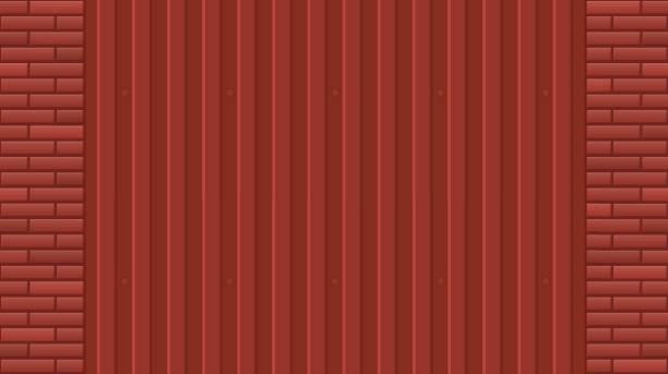 밝은 갈색과 붉은 벽돌과 아연 도금 철 시트의 질감. 물결 모양의 슬레이트와 벽돌 벽의 벡터 매끄러운 패턴. 컬러 매끄러운 벡터 텍스처 배경입니다. 금속 지붕, 금속 사이딩, 벽돌. - corrugated iron metal red background red stock illustrations