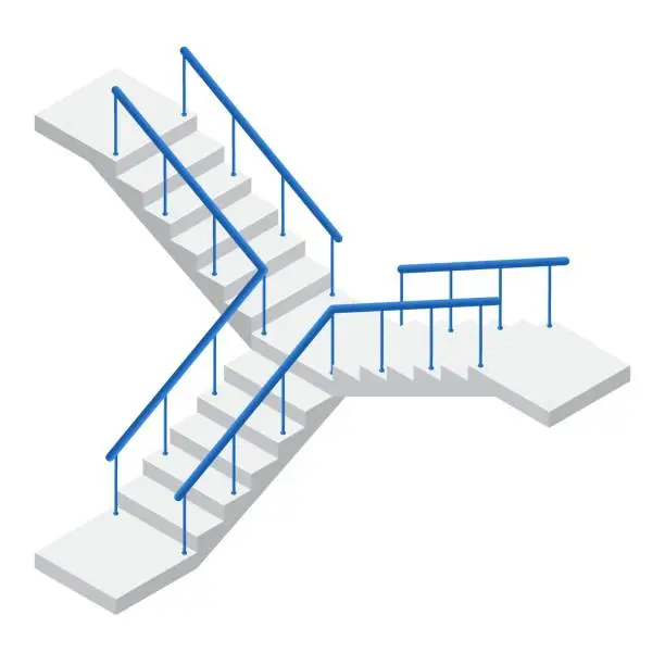 Vector illustration of Modern stair with blue metal railing and turn in flat style. Vector illustration concrete staircase isolated on a white background. Industrial flight of stairs icon in isometric view. Cartoon. 3D.