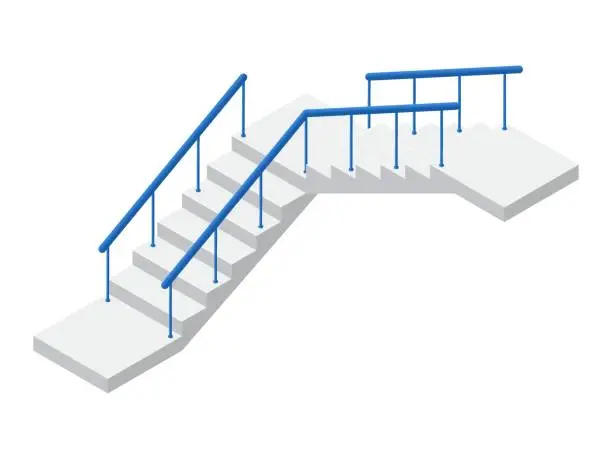 Vector illustration of Vector illustration concrete staircase isolated on a white background. Industrial flight of stairs icon in isometric view. Modern stair with blue metal railing and turn in flat style. Cartoon. 3D.