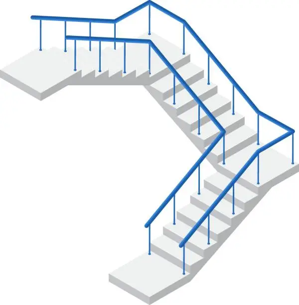 Vector illustration of Industrial flight of stairs icon in isometric view. Modern stair with blue metal railing and turn in flat style. Vector illustration concrete staircase isolated on a white background. Cartoon. 3D.