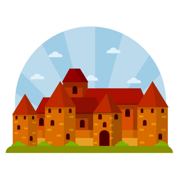 średniowieczna twierdza z wieżami i murami. zamek w trokach. - troki stock illustrations