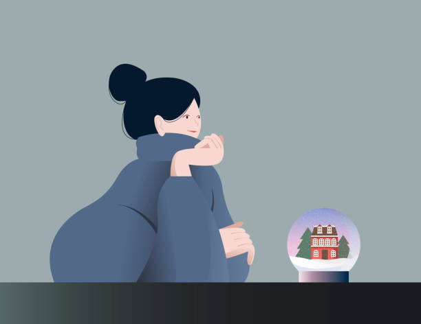 Vector winter illustration of a dreaming girl admiring a glass snow globe. vector art illustration