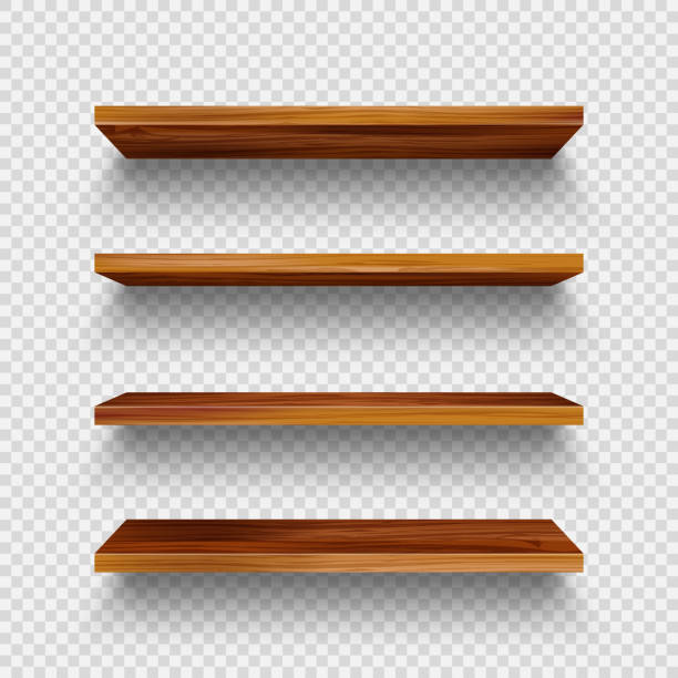 istock Realistic empty wooden store shelves set. Product shelf with wood texture. Grocery wall rack. Vector illustration 1293216823