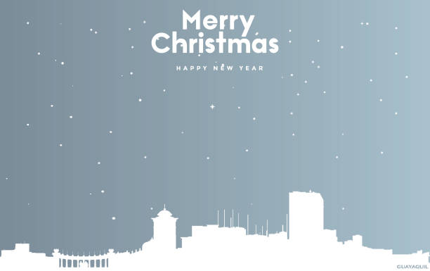 ilustrações de stock, clip art, desenhos animados e ícones de christmas and new year blue greeting card with white cityscape of guayaquil - christmas winter close up table