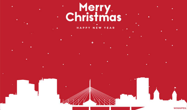 ilustrações de stock, clip art, desenhos animados e ícones de christmas and new year red greeting card with white cityscape of winnipeg - christmas winter close up table