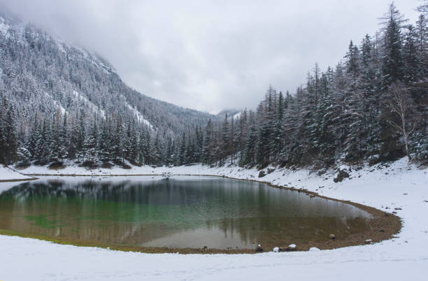 incredibile paesaggio invernale con montagne innevate e acque limpide del lago verde (gruner see), famosa destinazione turistica nella regione della stiria, austria - gruner foto e immagini stock