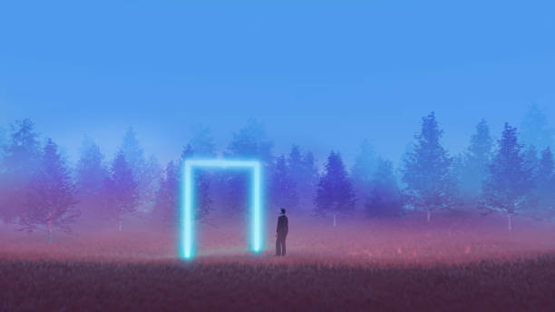 istock Man stands before a key decision in a forrest facing a neon portal 1293226522