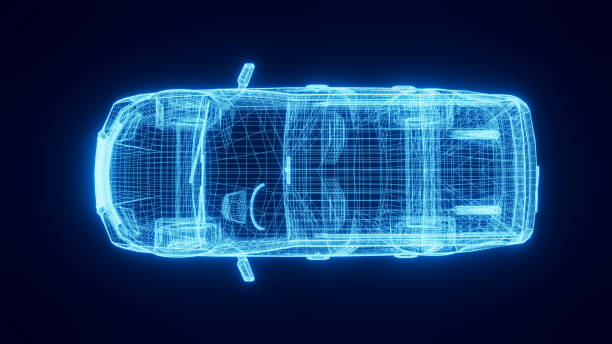 Top view of generic car with wire frame look on black background