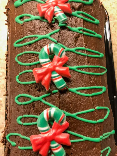 This chocolate and mint jellyroll loaf cake with chocolate frosting and green decorative icing and three candy cane decorations looks and tastes delicious.