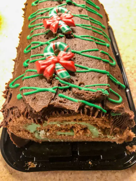 This chocolate and mint jellyroll loaf cake with chocolate frosting and green decorative icing and three candy cane decorations looks and tastes delicious.