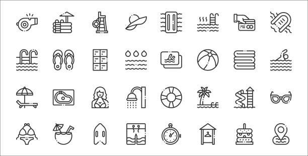 satz von 32 schwimmbad dünne umriss-symbole wie platzhalter, ankleideraum, bademode, bikini, wasserrutsche, frau, schwimmer, mitgliedskarte, flip-flops - schwimmbecken stock-grafiken, -clipart, -cartoons und -symbole