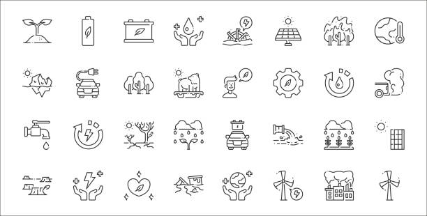 set of 32 save the world thin outline icons such as windmill, windmill, sewer, deforestation, rain, drought, pollution, ecologist, electric car set of 32 save the world thin outline icons such as windmill, windmill, sewer, deforestation, rain, drought, pollution, ecologist, electric car deforestation stock illustrations