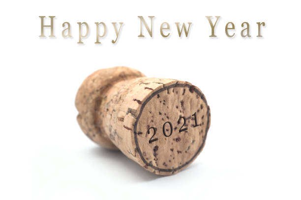 istock Happy new year card 2021 with a champagne cork on white background 1293236200