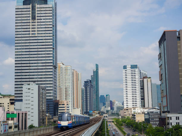 istock Modern city building with railway of train 1293236787