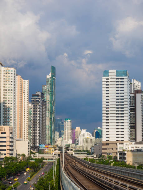 istock Modern city building with railway of train 1293236798